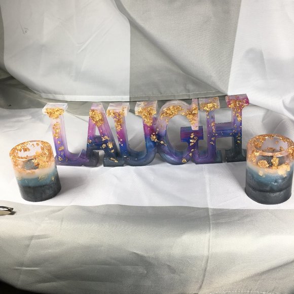 Resin Laugh Sign with 2 Votive Candle Holders - Picture 2 of 14